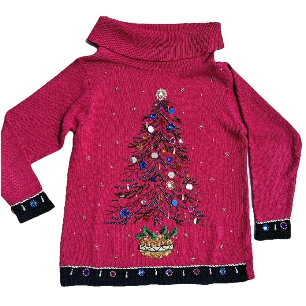 Y2K VICTORIA JONES Medium Pink Christmas Tree Oversized LONG Sweater Sz M. (B6)